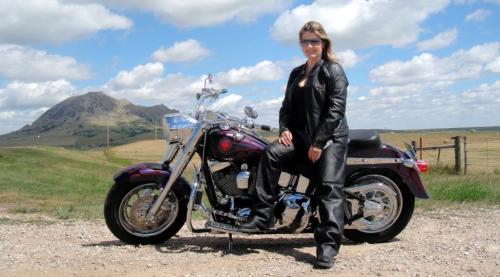 Michelle near Sturgis, South Dakota on her Harley Fat Boy